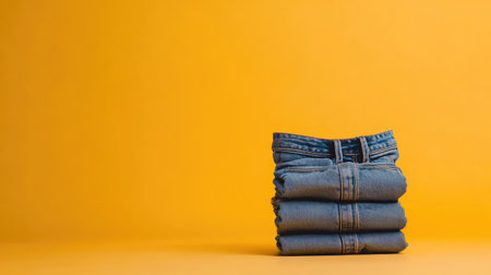 A stack of folded denim jeans positioned on a vivid yellow background. This image captures a modern and casual style, ideal for fashion promotions.の素材