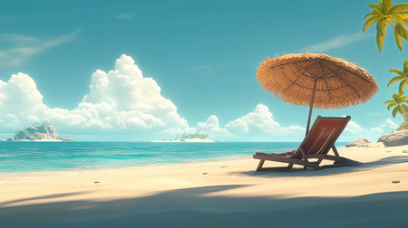 A serene beach scene showcasing a sun lounger under a straw umbrella beside tranquil waves. This idyllic tropical setting evokes feelings of relaxation and escape.の素材