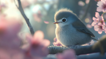 A charming small bird perches on a branch amidst delicate cherry blossoms, showcasing the beauty of nature in springtime. Perfect for nature lovers.の素材
