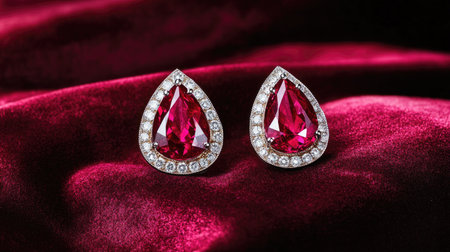 A stunning pair of elegant red earrings adorned with sparkling diamonds, resting on rich, luxurious fabric. Ideal for special occasions or elegant gifts.の素材