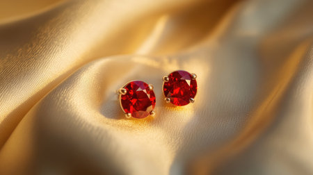 Stunning red gem earrings lay gracefully on soft satin fabric. This close-up shot highlights the elegance and shine of the jewelry, perfect for showcasing exquisite fashion accessories.の素材