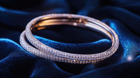 A stunning bangle bracelet adorned with sparkling gems sits atop rich velvet, exuding luxury and elegance. Perfect for fashion and jewelry enthusiasts.の素材