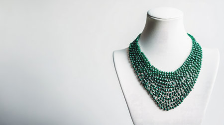 This image showcases a beautiful green beaded necklace elegantly placed on a white mannequin. The vivid beads reflect craftsmanship, making it an ideal fashion accessory.の素材