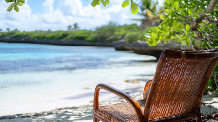 A wicker chair sits quietly on a sandy beach, offering a perfect view of the turquoise water and lush foliage. Ideal for relaxation and tranquility.の素材