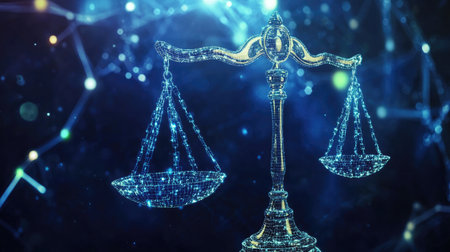 A digital illustration of a traditional scale representing justice and law, set against a glowing blue background. This image symbolizes fairness and balance in legal matters.の素材