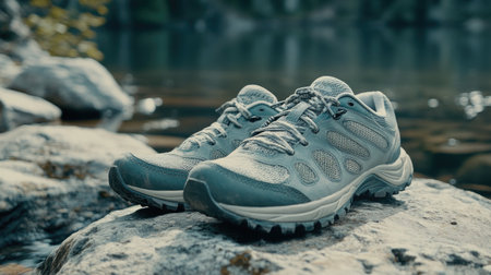A pair of hiking shoes rests on a rock by the water, showcasing their ideal outdoor design. The tranquil natural setting highlights the essence of adventure and exploration.の素材