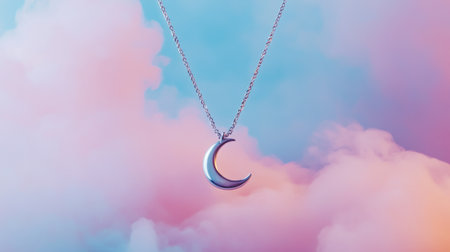 A beautiful silver crescent moon pendant hangs against a dreamy pastel cloud background, showcasing elegance and charm in jewelry design. Perfect for styling or gifting.の素材