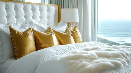 Experience the perfect blend of luxury and comfort in this elegant bedroom featuring soft pillows, plush bedding, and a stunning ocean view.の素材