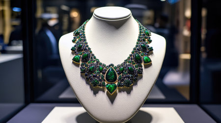 Stunning emerald necklace featuring intricate designs and vibrant colors, displayed in an elegant jewelry boutique. Perfect for occasions and fashion lovers.の素材