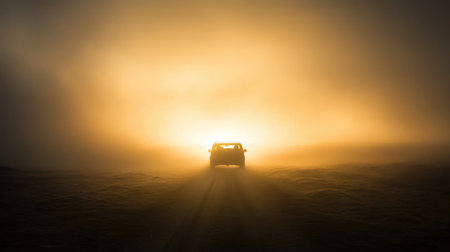 A striking silhouette of a car against a golden and misty backdrop symbolizes adventure and exploration in a tranquil natural landscape.の素材