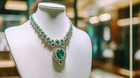 A stunning emerald necklace showcased in a luxurious jewelry showroom, highlighting intricate design and sparkling gemstones, perfect for fashion enthusiasts.の素材