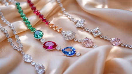 A stunning collection of exquisite jewelry featuring colorful gemstones and diamonds elegantly displayed on luxurious satin fabric. Perfect for fashion lovers.の素材