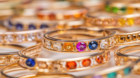 A stunning close-up of colorful rings adorned with vibrant gemstones set in gold. This exquisite collection showcases luxury and elegance in jewelry design, perfect for any occasion.の素材
