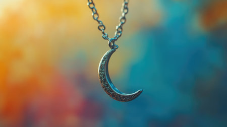 A stunning silver moon pendant necklace elegantly suspended on a delicate chain. The colorful blurred background enhances its artistic flair, perfect for jewelry enthusiasts.の素材