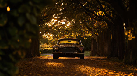 A classic car parked on a leaf-covered path, framed by golden sunlight filtering through trees. This scene captures the essence of autumn tranquility and nostalgia.の素材
