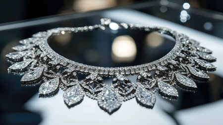 Stunning close-up of an elegant diamond necklace showcasing intricate design and sparkling jewels. Perfect for highlighting luxury jewelry and fashion.の素材