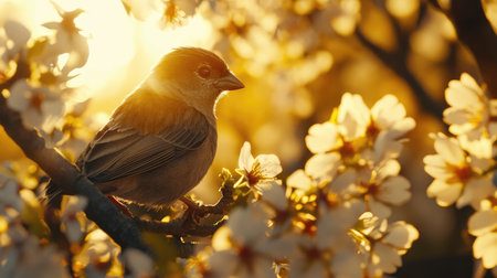A beautiful bird rests on a branch surrounded by delicate blossoms, bathed in warm golden sunlight. This image captures the essence of tranquility and the beauty of nature in spring.の素材