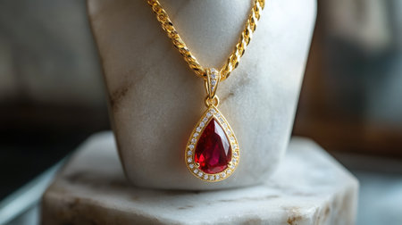This elegant gold necklace features a striking red gemstone in a teardrop shape surrounded by sparkling accents, perfect for enhancing any outfit.の素材