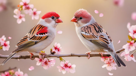 Two vibrant red-crested birds sit closely on a branch adorned with delicate cherry blossoms, capturing a serene moment of nature's beauty during springtime.の素材