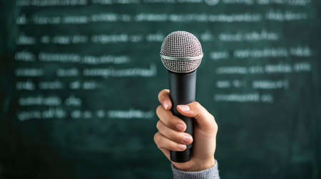 A hand holds a microphone in front of a classroom chalkboard, symbolizing education and public speaking. This image captures the essence of communication in teaching and presentations.の素材