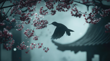 A graceful bird takes flight among vibrant cherry blossoms, creating a tranquil and serene atmosphere. This image captures the essence of nature's beauty in bloom.の素材