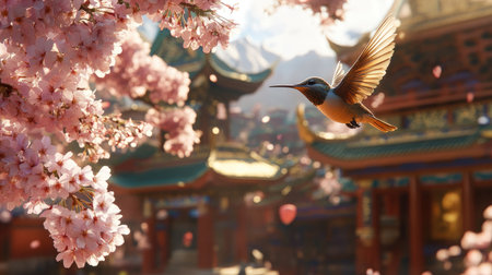 A graceful bird soars through a serene landscape filled with vibrant cherry blossoms, capturing the essence of spring and tranquility in nature.の素材