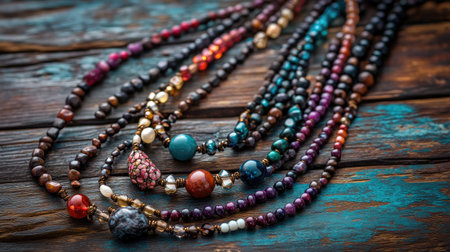 A vibrant assortment of colorful beads and necklaces laid on a rustic wooden surface, showcasing detail and craftsmanship. Perfect for fashion inspiration.の素材