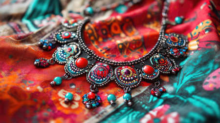 A stunning traditional necklace featuring intricate beadwork and vibrant colors rests beautifully on a textured fabric background, showcasing exceptional craftsmanship.の素材