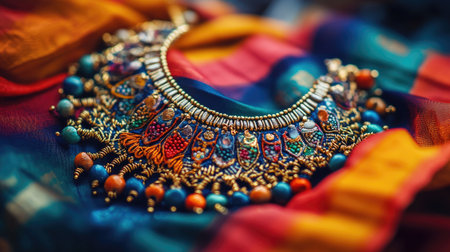 A close-up of a colorful handcrafted necklace displayed on vibrant fabric showcases intricate beadwork and design, highlighting cultural craftsmanship and style.の素材