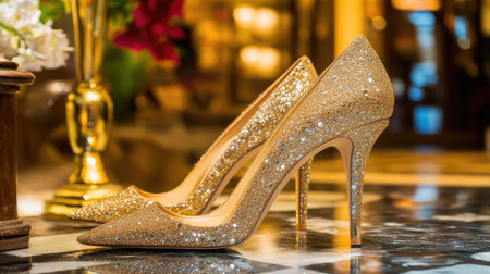Stunning gold glitter high heels set on a polished marble floor, exuding luxury and elegance, perfect for special occasions and stylish events.の素材