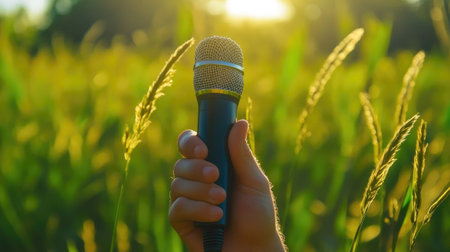 A close-up of a hand holding a microphone against a vibrant green backdrop during the golden hour, symbolizing creativity and expression in nature.の素材