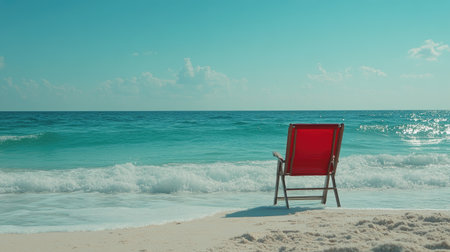 A serene beach scene featuring a red chair positioned on soft sand, facing gentle ocean waves under a bright blue sky, perfect for relaxation and escape.の素材