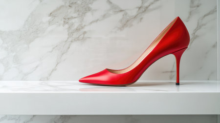 Stunning red high heel shoe rests elegantly on a sleek marble surface, showcasing its glossy finish and modern design. Perfect for fashion-themed projects.の素材