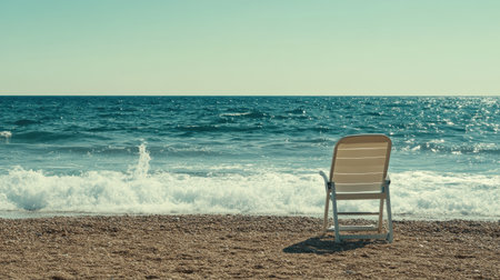 Enjoy the serene beach scene featuring an empty chair facing the ocean waves, perfect for evoking feelings of solitude and relaxation in a summer setting.の素材