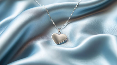A close-up view of an elegant silver heart pendant resting on soft blue satin fabric, creating a luxurious and romantic atmosphere perfect for jewelry lovers.の素材