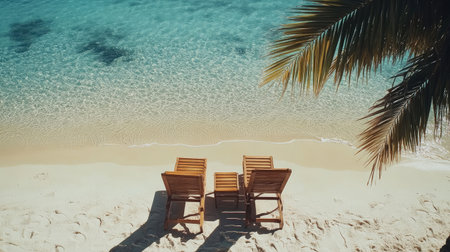 A peaceful beach scene featuring two wooden chairs facing calm turquoise waters, inviting relaxation in a serene tropical setting with soft sands.の素材