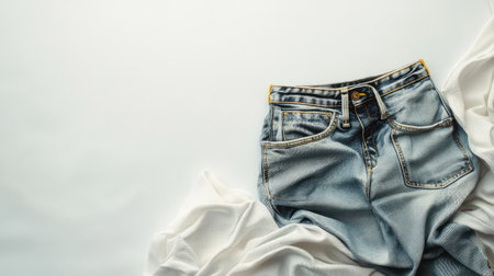 A pair of stylish blue denim jeans lies gracefully on soft white fabric, showcasing contemporary fashion trends and clean design aesthetics for casual outfits.の素材