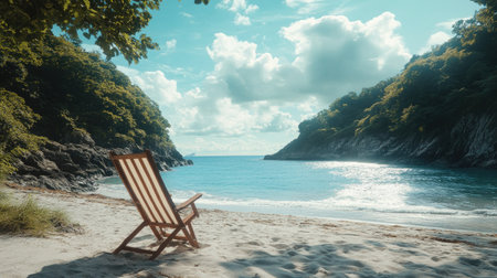 A peaceful beach scene featuring a wooden deck chair facing the calm ocean. Soft waves gently lap the sandy shore beneath a blue sky dotted with clouds. Ideal for relaxation and vacation themes.の素材