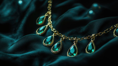A close-up of an elegant gold necklace adorned with teardrop gemstones resting on luxurious dark fabric. Perfect for showcasing beauty and style in fashion photography.の素材