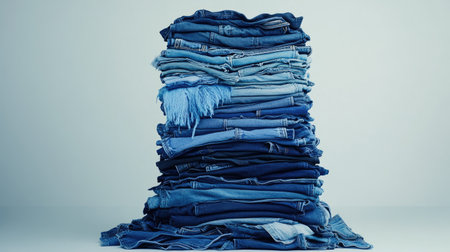 A visually appealing stack of various denim jeans showcasing different shades of blue, perfect for representing fashion, textile diversity, or casual wear.の素材