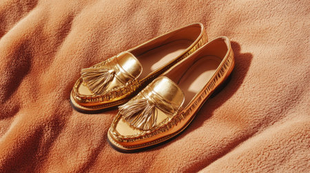 This image features elegant gold loafers adorned with tassels resting on a soft brown fabric, showcasing luxurious craftsmanship and stylish appeal.の素材