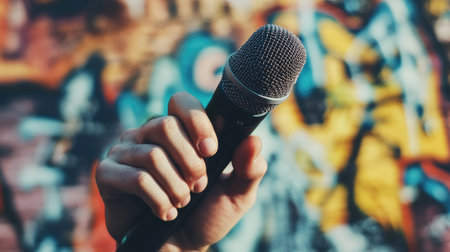 A close-up of a hand gripping a microphone against a vibrant graffiti backdrop. This image symbolizes music, performance, and artistic expression in urban culture.の素材