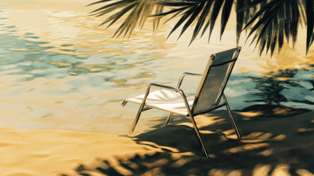 A serene beach scene featuring a lone chair by the water's edge. The gentle ripples and soft shadows create a perfect atmosphere for relaxation and escape.の素材