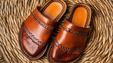 Elegant brown leather slippers showcased on a woven background. Perfect for indoor and outdoor comfort, these stylish footwear pieces enhance any casual look.の素材