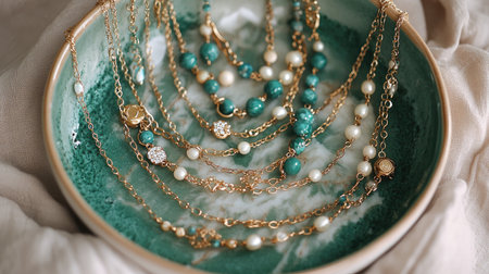 Capture the essence of elegance with vibrant necklaces on a green plate, showcasing gold, pearls, and turquoise beads. Perfect for fashion photography.の素材
