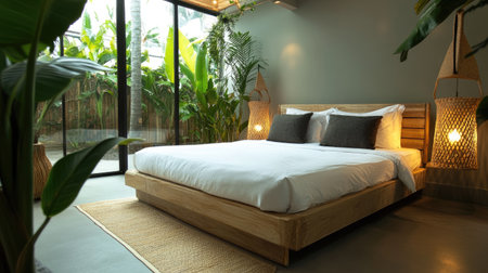 This modern bedroom features natural elements and plants, creating a cozy and inviting atmosphere. Soft lighting enhances relaxation and comfort in the serene space.の素材