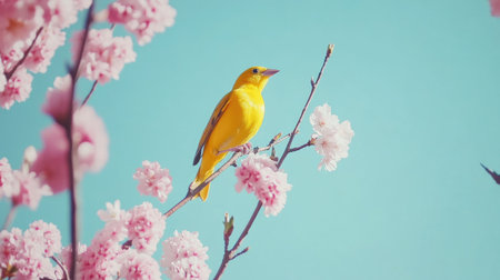 A striking yellow bird sits gracefully on a cherry blossom branch against a pastel sky. This serene scene captures the essence of spring and natural beauty.の素材