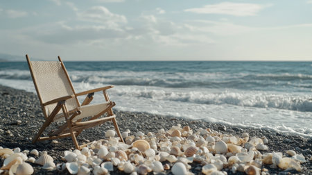 A peaceful beach scene featuring a wooden chair surrounded by seashells on a serene shore. The gentle waves lap at the sandy beach under a clear sky, evoking a sense of calm.の素材