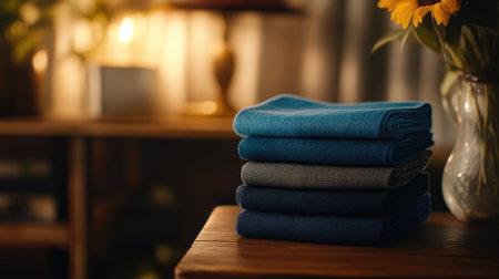 A serene arrangement of soft fabrics in varying shades of blue sits on a wooden table, enhancing the cozy ambiance of a warm living room with floral accents.の素材