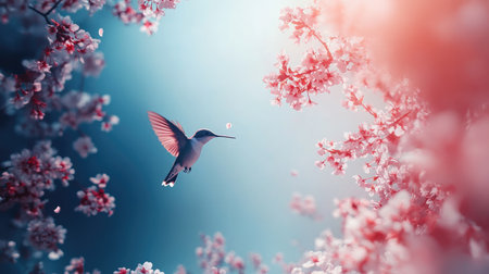 A stunning view of a hummingbird hovering gracefully amidst blooming cherry blossoms. The soft light creates a dreamy atmosphere, highlighting the beauty of nature.の素材